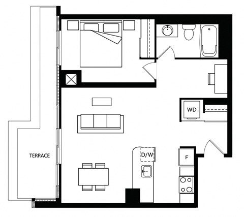Floor plan for 1 bed, 1 bath, 704 sqft